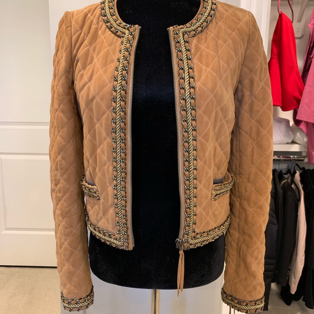 Tan Quilted Suede Jacket with Chain Detail